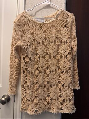 Beige Crochet Knit Long-Sleeve Blouse